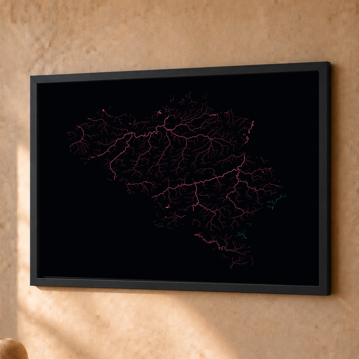 Beautiful Rivers — Bélgica — Neon por território, Fine art emoldurado · 30 × 40 cm, Preto · Sem margem