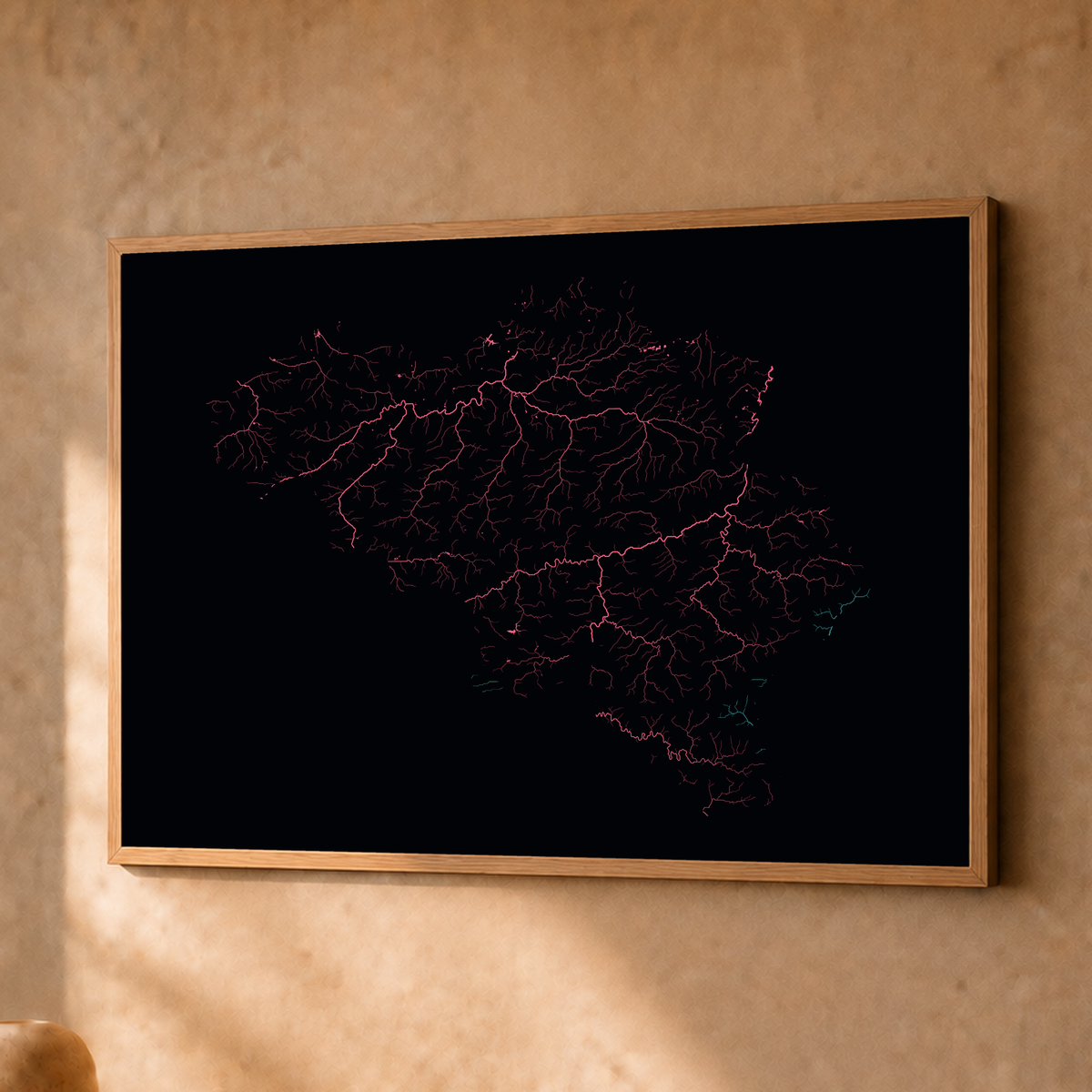 Beautiful Rivers — Bélgica — Neon por território, Fine art emoldurado · 30 × 40 cm, Natural · Sem margem