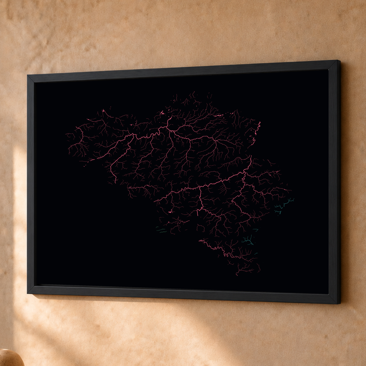 Beautiful Rivers — Bélgica — Neon por território, Fine art emoldurado · 45 × 60 cm, Preto · Sem margem