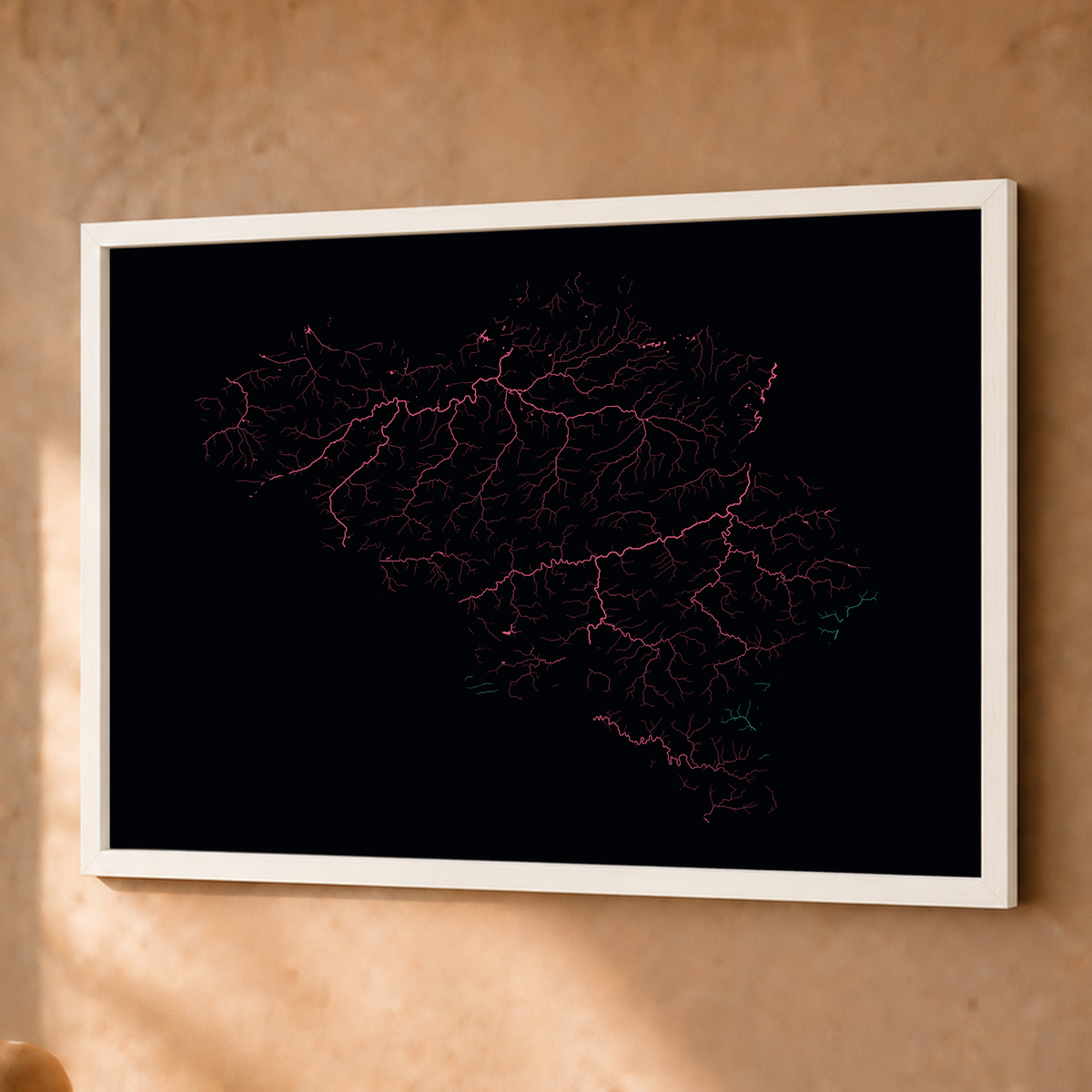 Beautiful Rivers — Bélgica — Neon por território, Fine art emoldurado · 45 × 60 cm, Branco · Sem margem