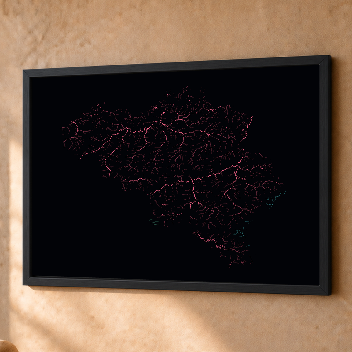 Beautiful Rivers — Bélgica — Neon por território, Fine art emoldurado · 60 × 80 cm, Preto · Sem margem