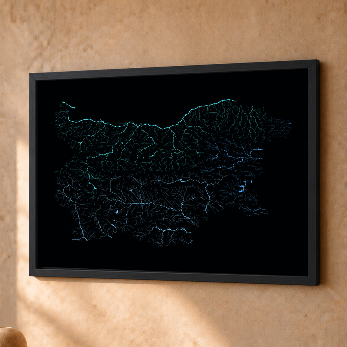 Beautiful Rivers — Bulgária — Neon hidrográfico, Fine art emoldurado · 30 × 40 cm, Preto · Sem margem