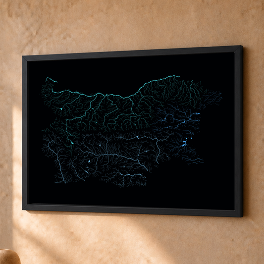 Beautiful Rivers — Bulgária — Neon hidrográfico, Fine art emoldurado · 30 × 40 cm, Preto · Sem margem