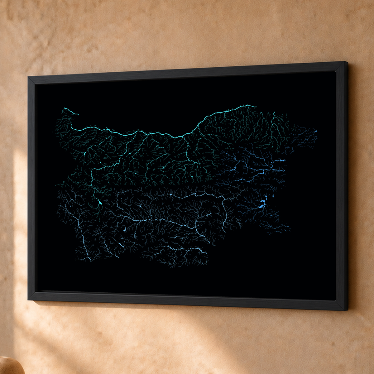 Beautiful Rivers — Bulgária — Neon hidrográfico, Fine art emoldurado · 45 × 60 cm, Preto · Sem margem