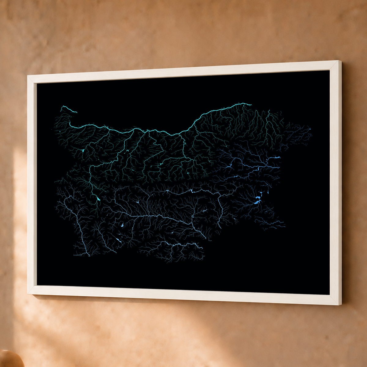 Beautiful Rivers — Bulgária — Neon hidrográfico, Fine art emoldurado · 45 × 60 cm, Branco · Sem margem