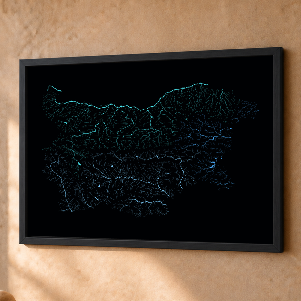 Beautiful Rivers — Bulgária — Neon hidrográfico, Fine art emoldurado · 60 × 80 cm, Preto · Sem margem