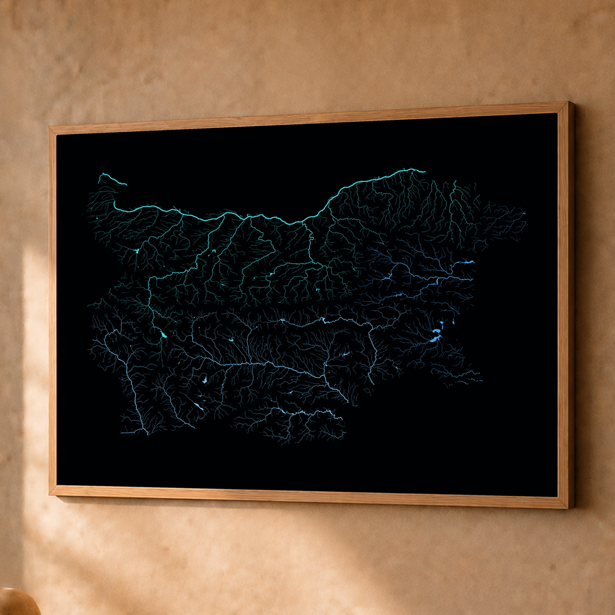 Beautiful Rivers — Bulgária — Neon hidrográfico, Fine art emoldurado · 60 × 80 cm, Natural · Sem margem