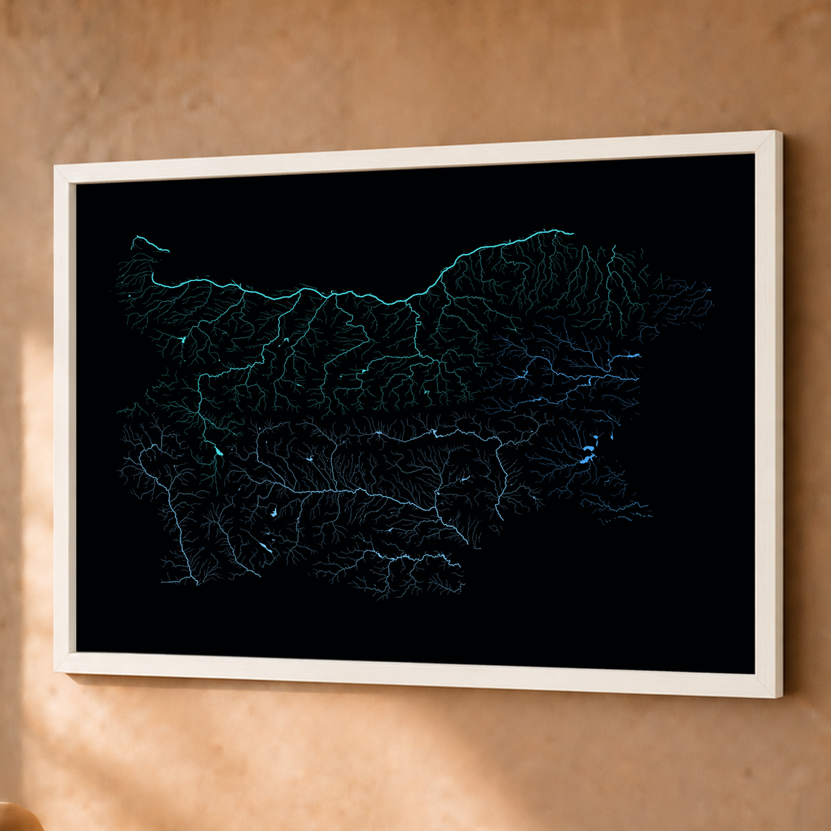 Beautiful Rivers — Bulgária — Neon hidrográfico, Fine art emoldurado · 60 × 80 cm, Branco · Sem margem