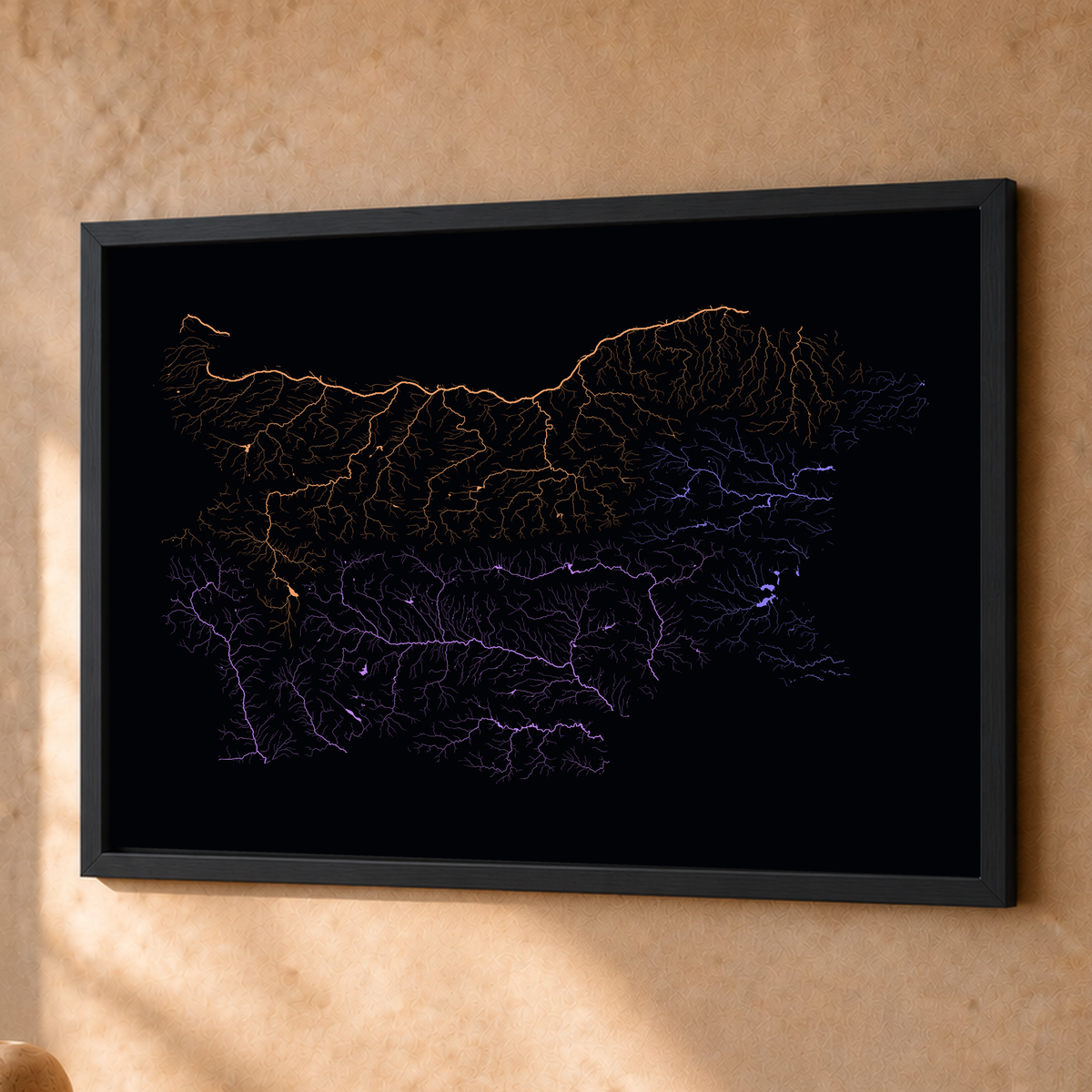 Beautiful Rivers — Bulgária — Neon por território, Fine art emoldurado · 45 × 60 cm, Preto · Sem margem