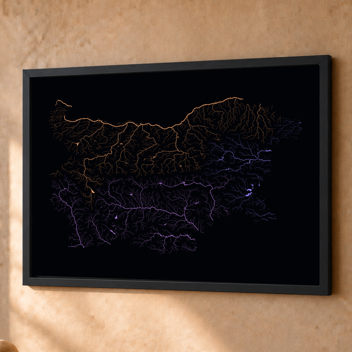 Beautiful Rivers — Bulgária — Neon por território, Fine art emoldurado · 60 × 80 cm, Preto · Sem margem