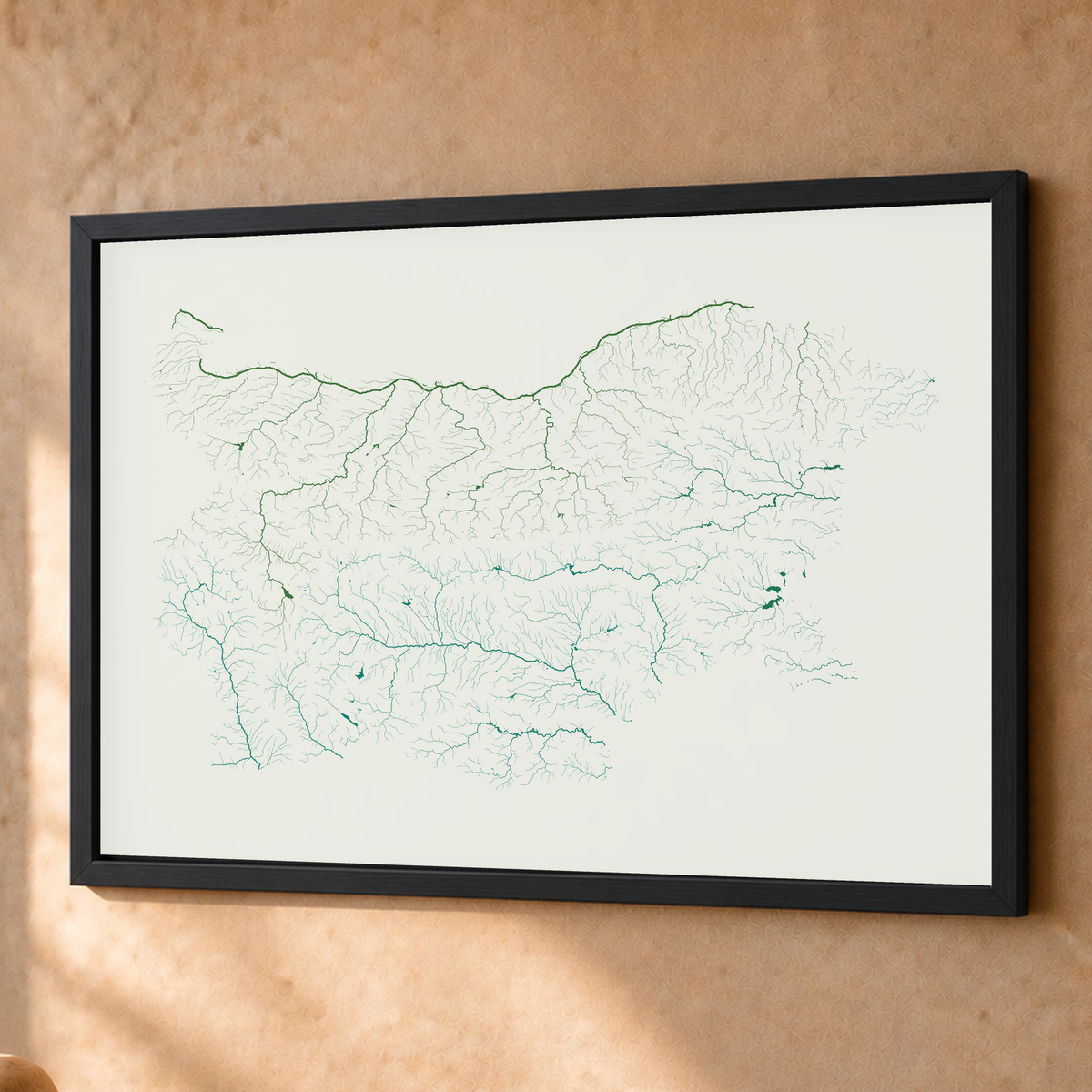 Beautiful Rivers — Bulgária — Verde jade e porcelana, Fine art emoldurado · 60 × 80 cm, Preto · Sem margem