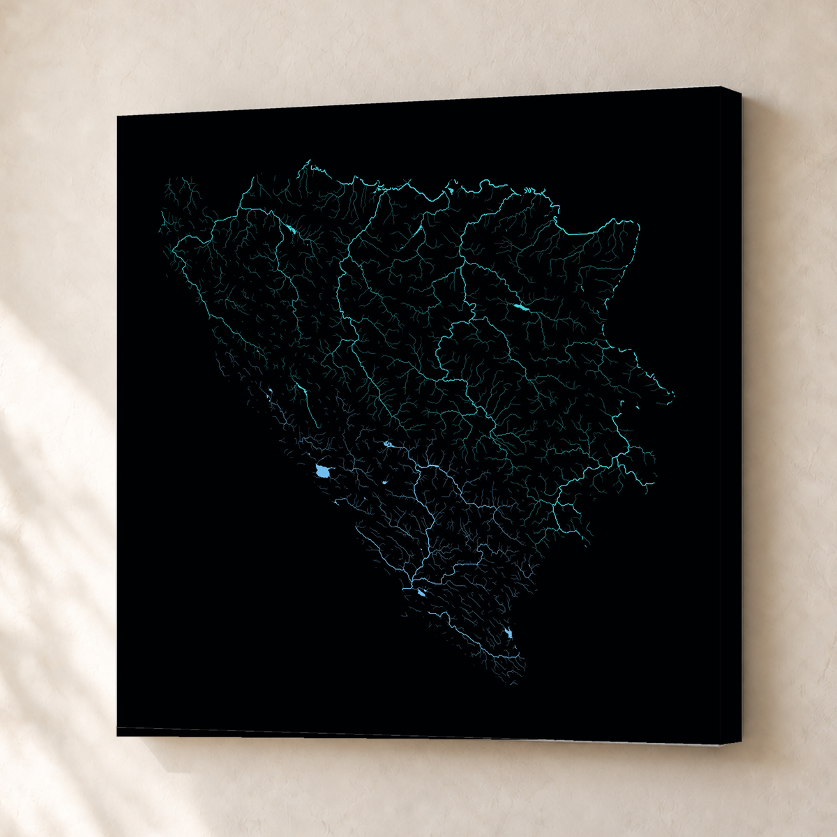 Beautiful Rivers — Bósnia e Herzegovina — Neon hidrográfico, Canvas · 50 × 50 cm, Sem margem