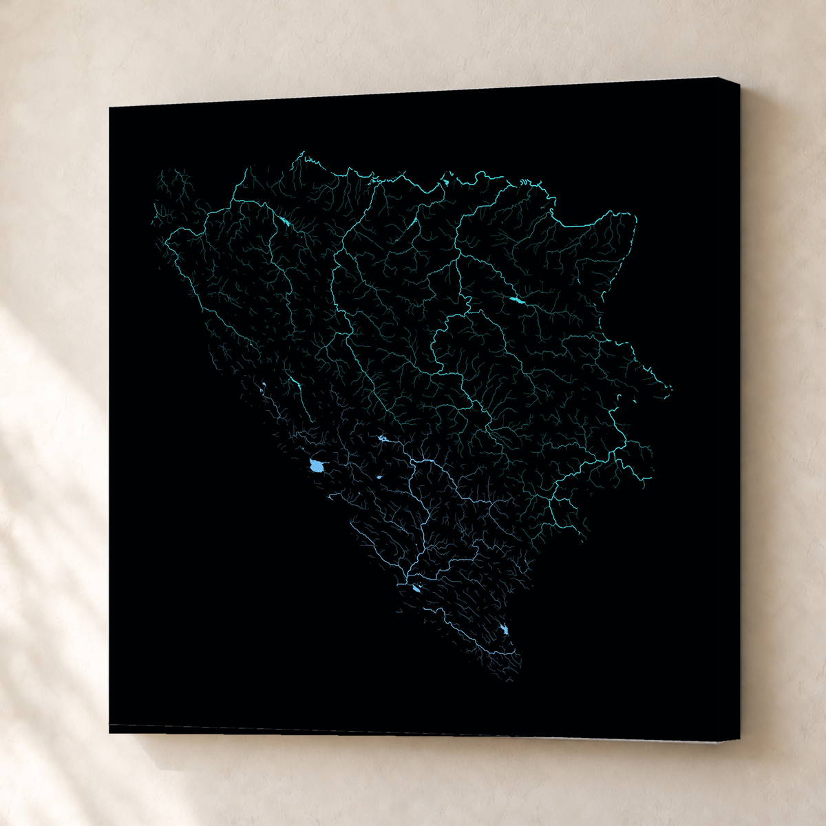 Beautiful Rivers — Bósnia e Herzegovina — Neon hidrográfico, Canvas · 76 × 76 cm, Sem margem