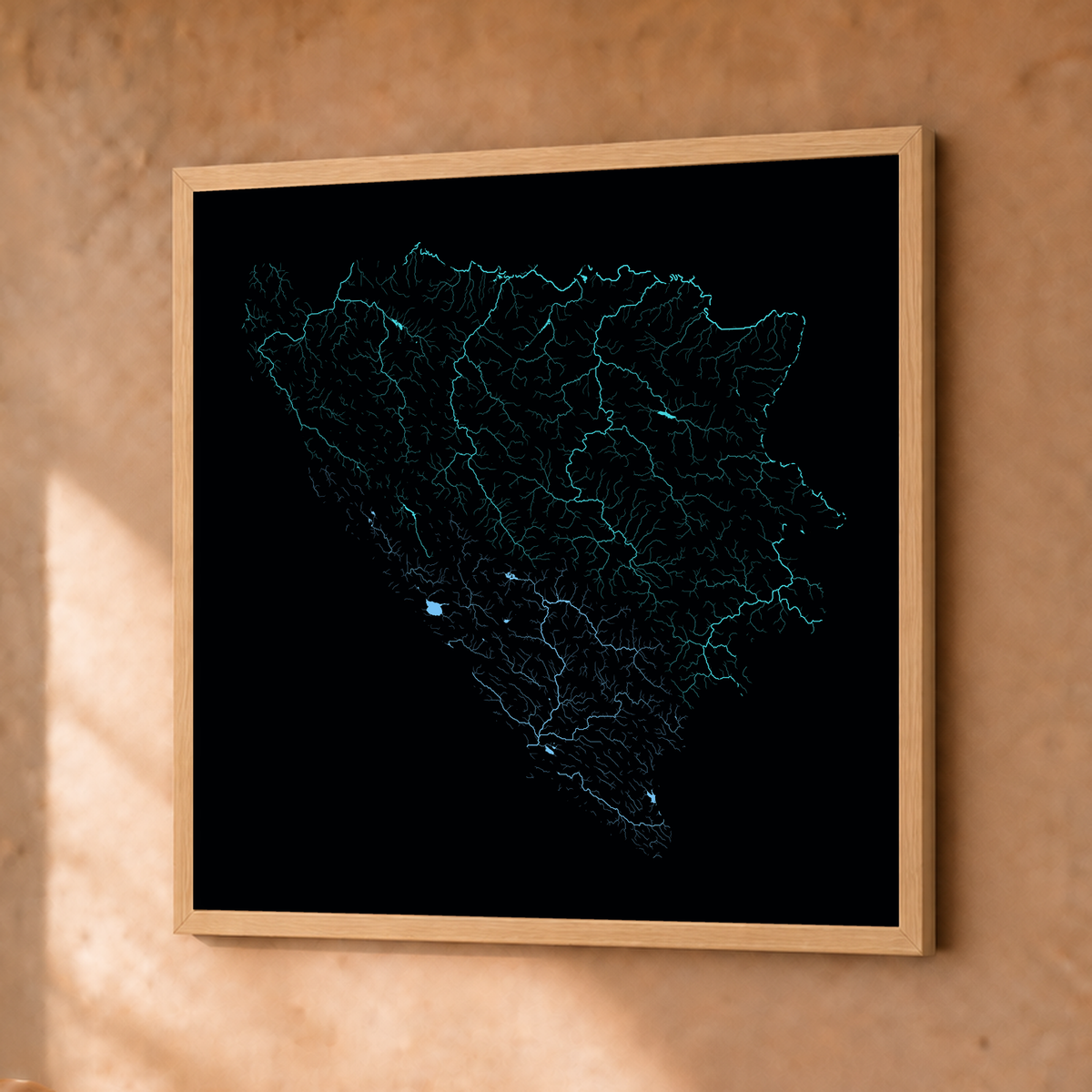 Beautiful Rivers — Bósnia e Herzegovina — Neon hidrográfico, Fine art emoldurado · 30 × 30 cm, Natural · Sem margem