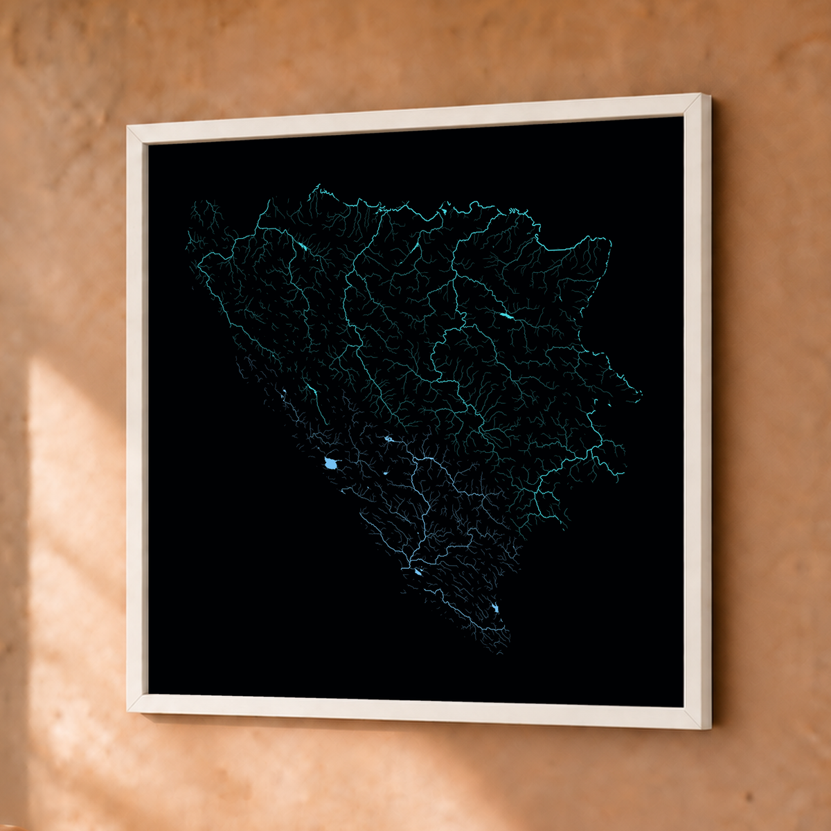 Beautiful Rivers — Bósnia e Herzegovina — Neon hidrográfico, Fine art emoldurado · 30 × 30 cm, Branco · Sem margem