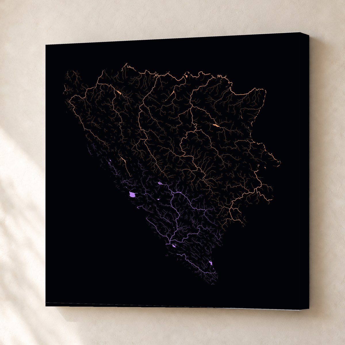 Beautiful Rivers — Bósnia e Herzegovina — Neon por território, Canvas · 76 × 76 cm, Sem margem