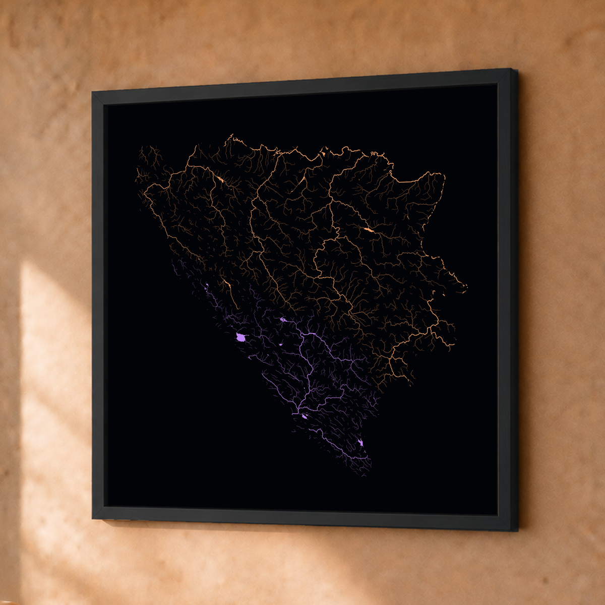Beautiful Rivers — Bósnia e Herzegovina — Neon por território, Fine art emoldurado · 30 × 30 cm, Preto · Sem margem