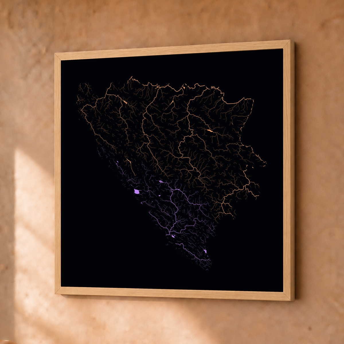 Beautiful Rivers — Bósnia e Herzegovina — Neon por território, Fine art emoldurado · 30 × 30 cm, Natural · Sem margem