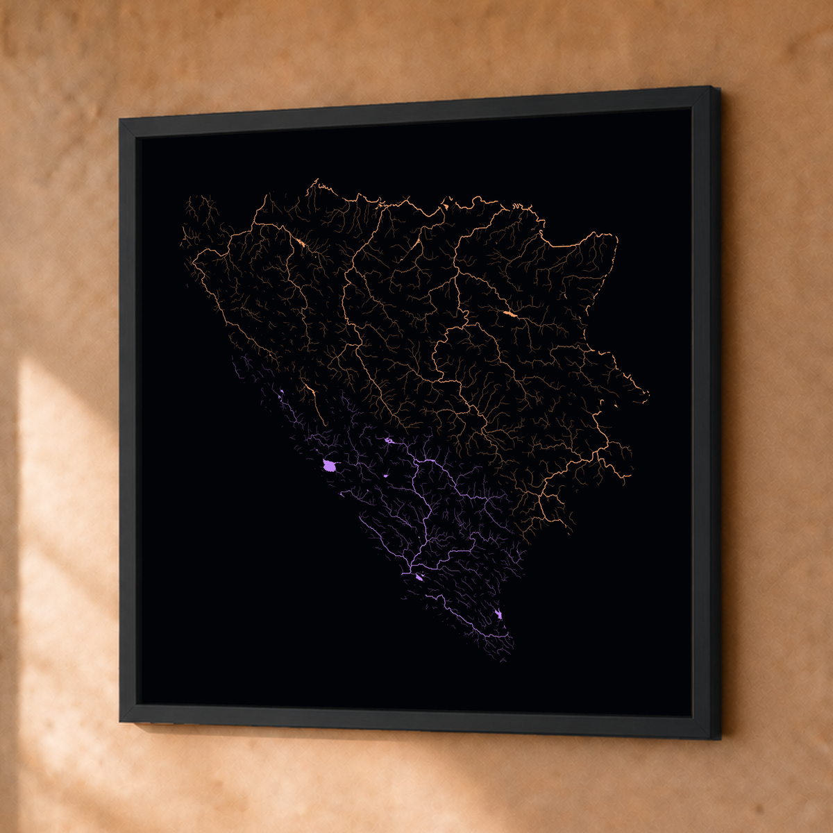 Beautiful Rivers — Bósnia e Herzegovina — Neon por território, Fine art emoldurado · 50 × 50 cm, Preto · Sem margem