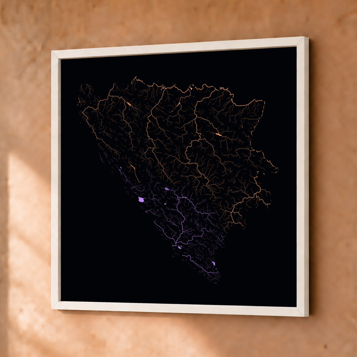 Beautiful Rivers — Bósnia e Herzegovina — Neon por território, Fine art emoldurado · 50 × 50 cm, Branco · Sem margem