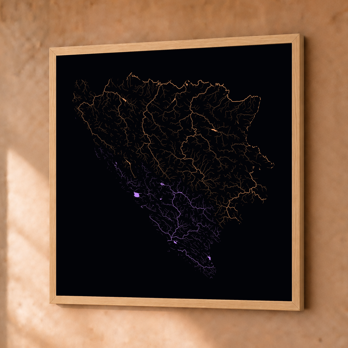 Beautiful Rivers — Bósnia e Herzegovina — Neon por território, Fine art emoldurado · 76 × 76 cm, Natural · Sem margem