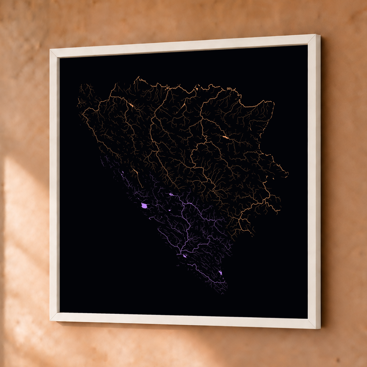 Beautiful Rivers — Bósnia e Herzegovina — Neon por território, Fine art emoldurado · 76 × 76 cm, Branco · Sem margem