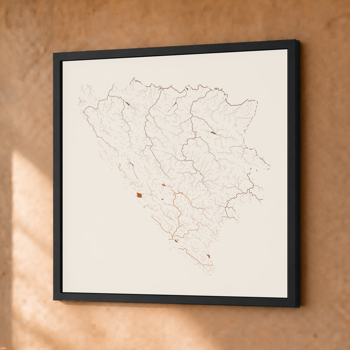 Beautiful Rivers — Bósnia e Herzegovina — Terracota e areia, Fine art emoldurado · 30 × 30 cm, Preto · Sem margem