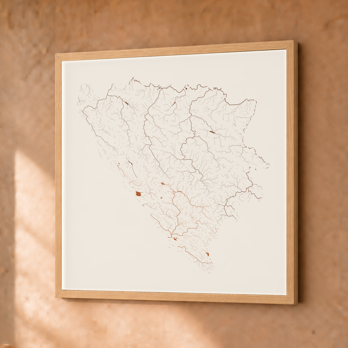 Beautiful Rivers — Bósnia e Herzegovina — Terracota e areia, Fine art emoldurado · 30 × 30 cm, Natural · Sem margem