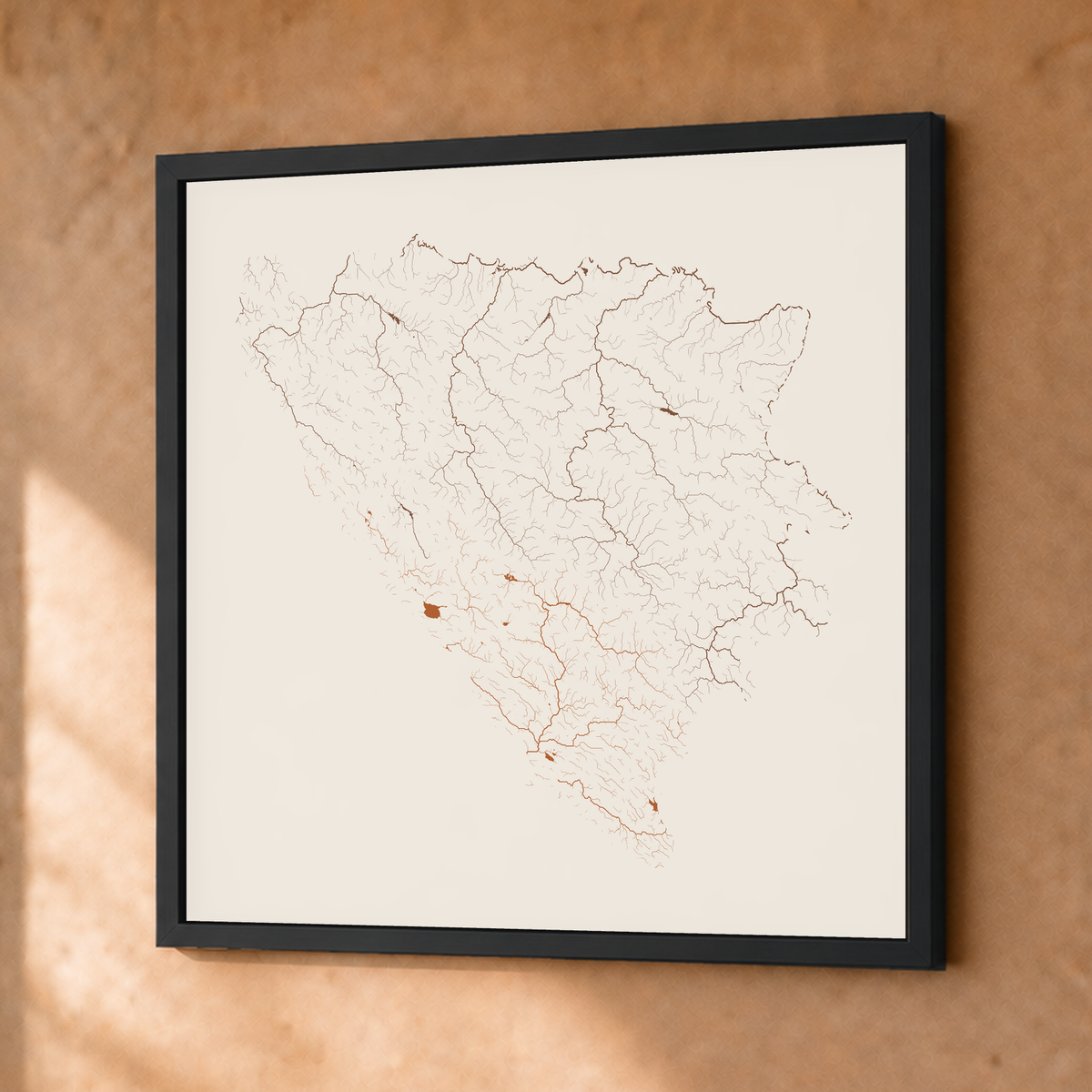 Beautiful Rivers — Bósnia e Herzegovina — Terracota e areia, Fine art emoldurado · 50 × 50 cm, Preto · Sem margem