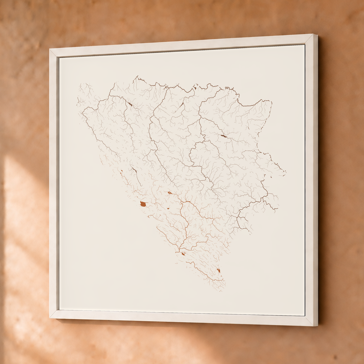 Beautiful Rivers — Bósnia e Herzegovina — Terracota e areia, Fine art emoldurado · 76 × 76 cm, Branco · Sem margem