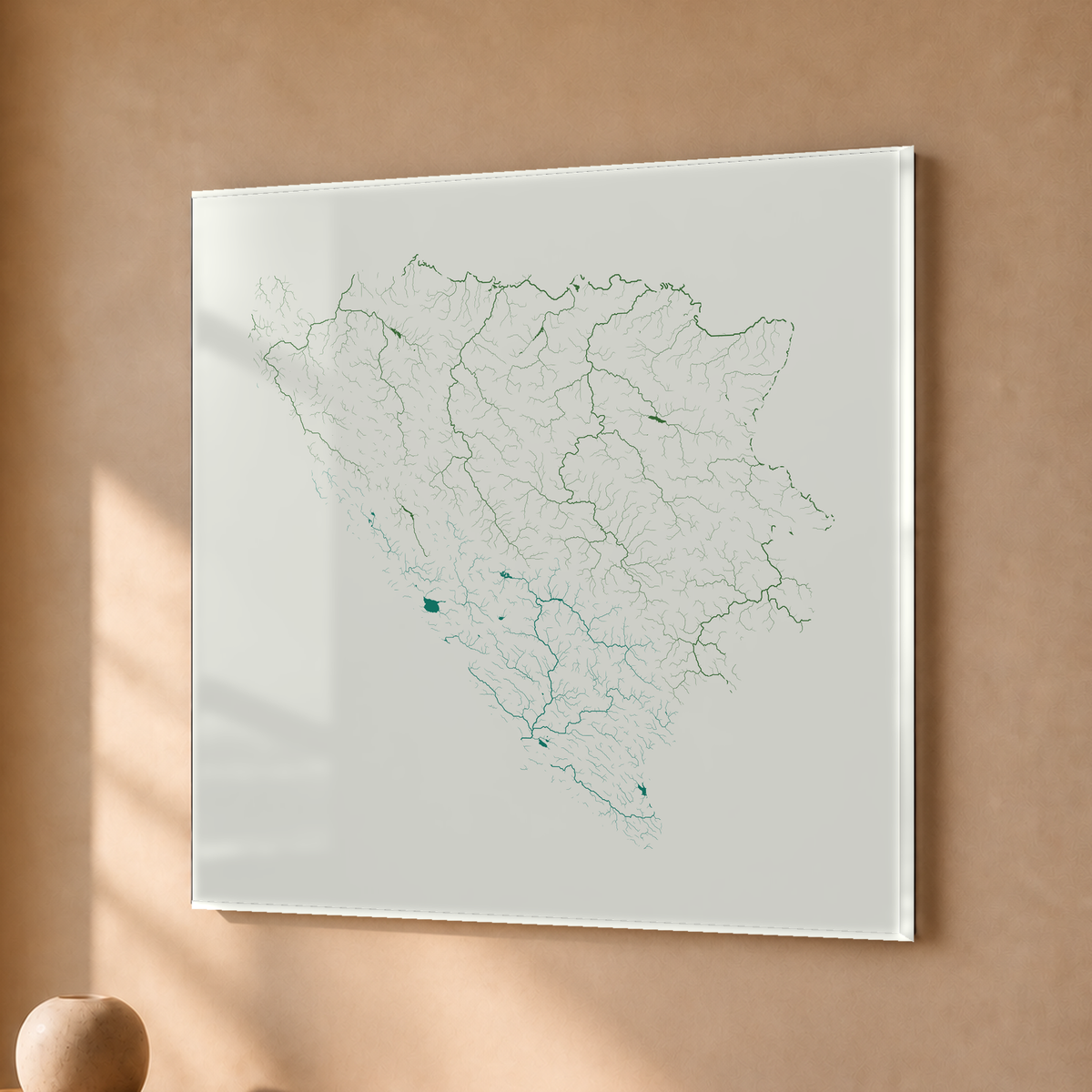 Beautiful Rivers — Bósnia e Herzegovina — Verde jade e porcelana, Acrílico · 30 × 30 cm, Sem margem