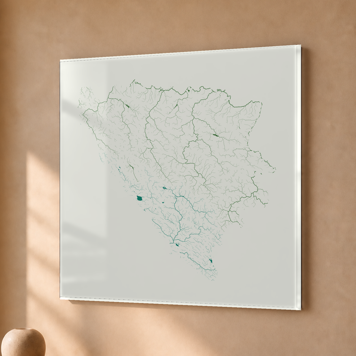 Beautiful Rivers — Bósnia e Herzegovina — Verde jade e porcelana, Acrílico · 50 × 50 cm, Sem margem