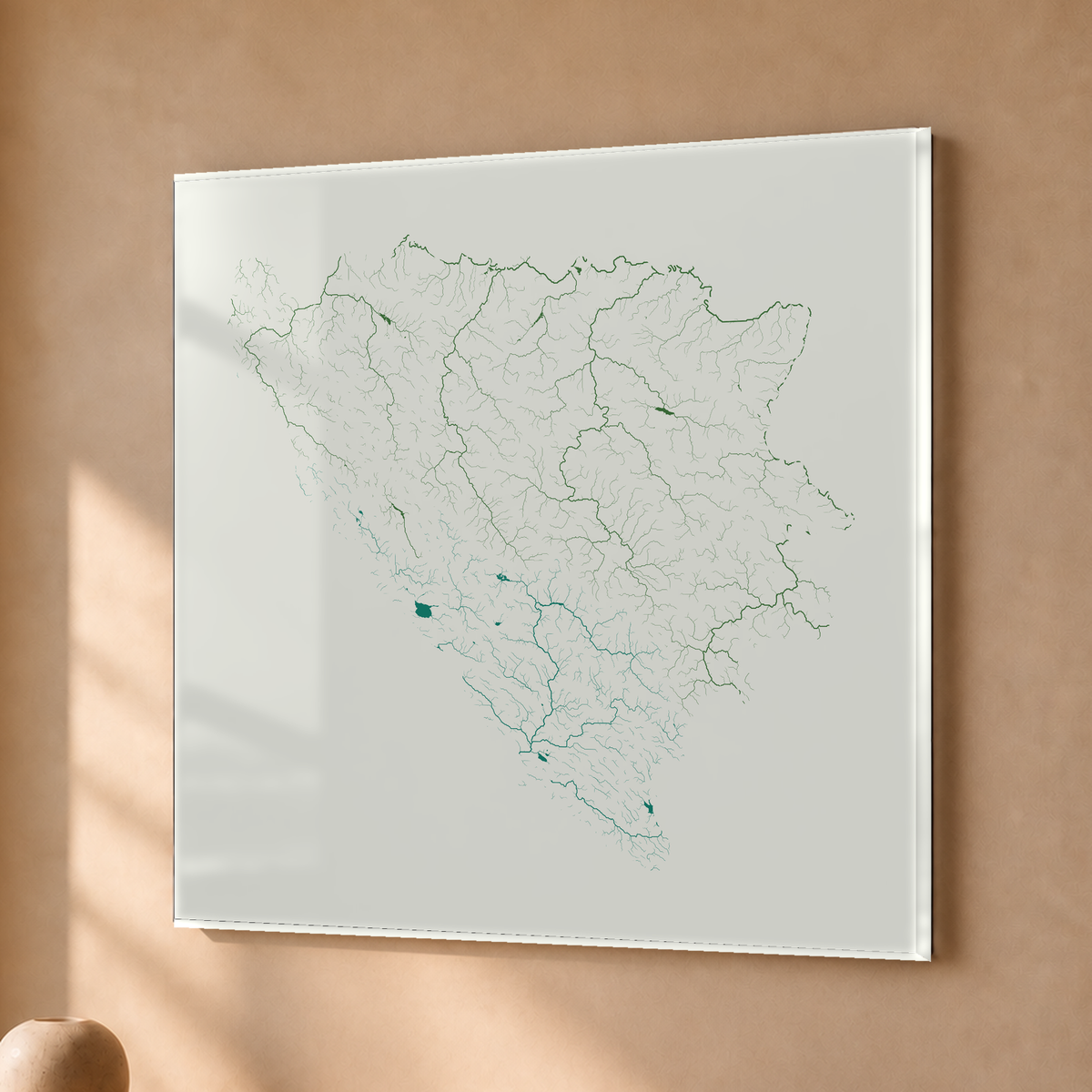 Beautiful Rivers — Bósnia e Herzegovina — Verde jade e porcelana, Acrílico · 76 × 76 cm, Sem margem