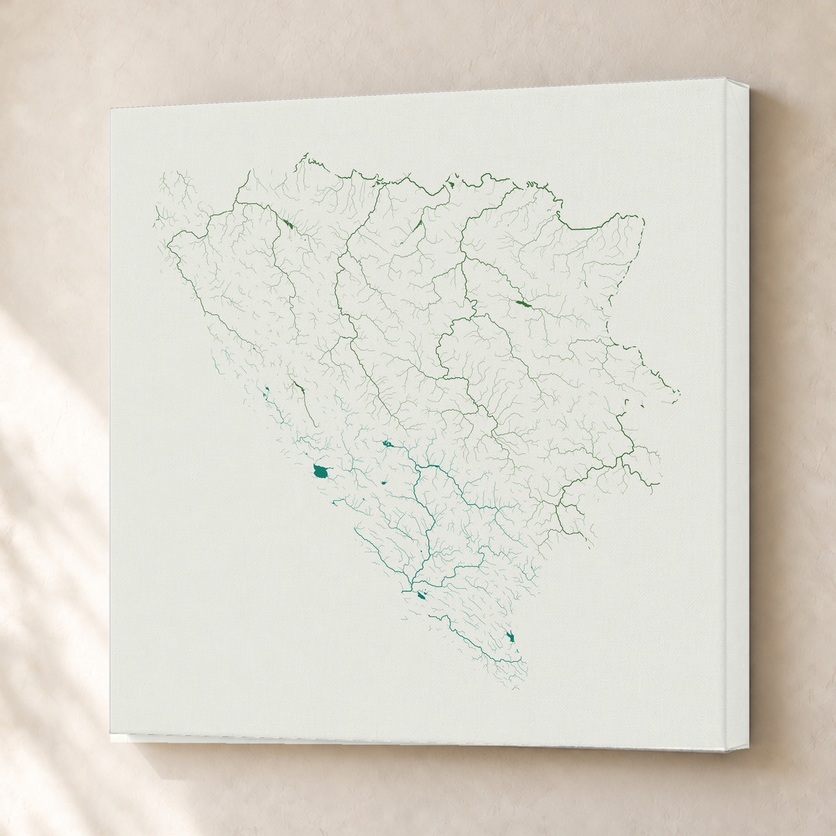 Beautiful Rivers — Bósnia e Herzegovina — Verde jade e porcelana, Canvas · 76 × 76 cm, Sem margem