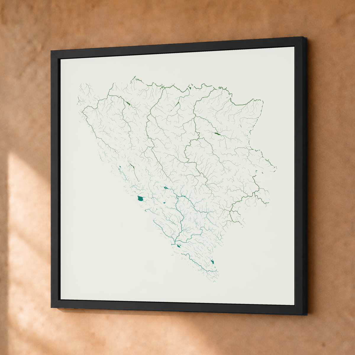 Beautiful Rivers — Bósnia e Herzegovina — Verde jade e porcelana, Fine art emoldurado · 50 × 50 cm, Preto · Sem margem
