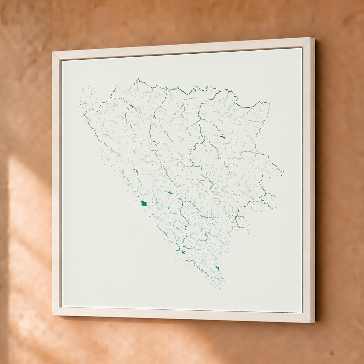 Beautiful Rivers — Bósnia e Herzegovina — Verde jade e porcelana, Fine art emoldurado · 50 × 50 cm, Branco · Sem margem
