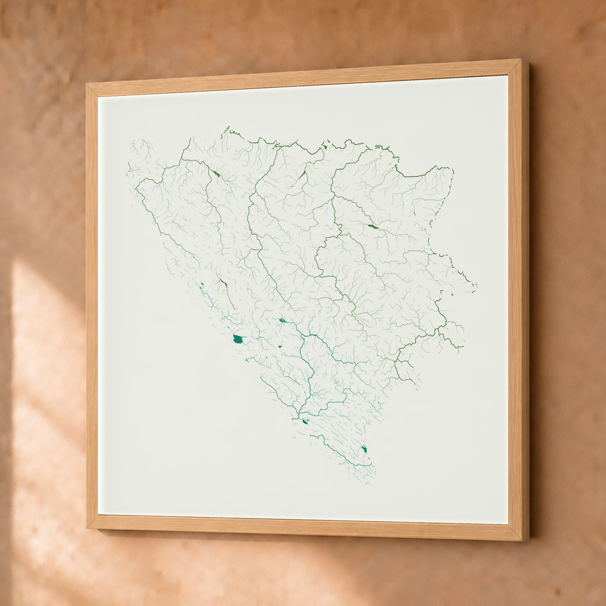 Beautiful Rivers — Bósnia e Herzegovina — Verde jade e porcelana, Fine art emoldurado · 76 × 76 cm, Natural · Sem margem