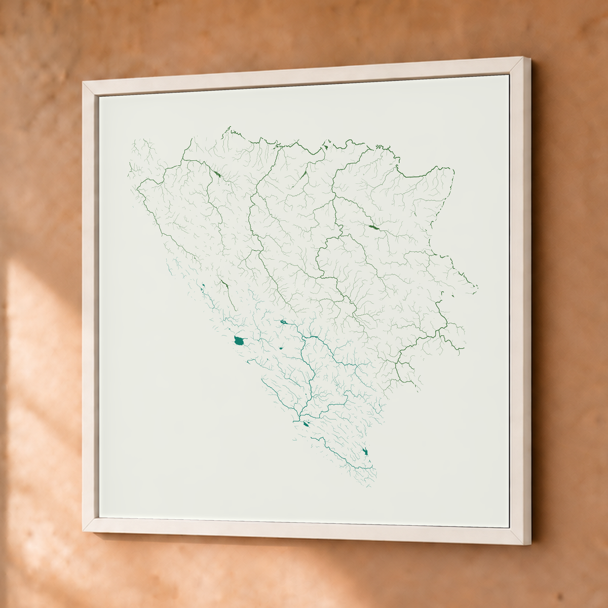 Beautiful Rivers — Bósnia e Herzegovina — Verde jade e porcelana, Fine art emoldurado · 76 × 76 cm, Branco · Sem margem