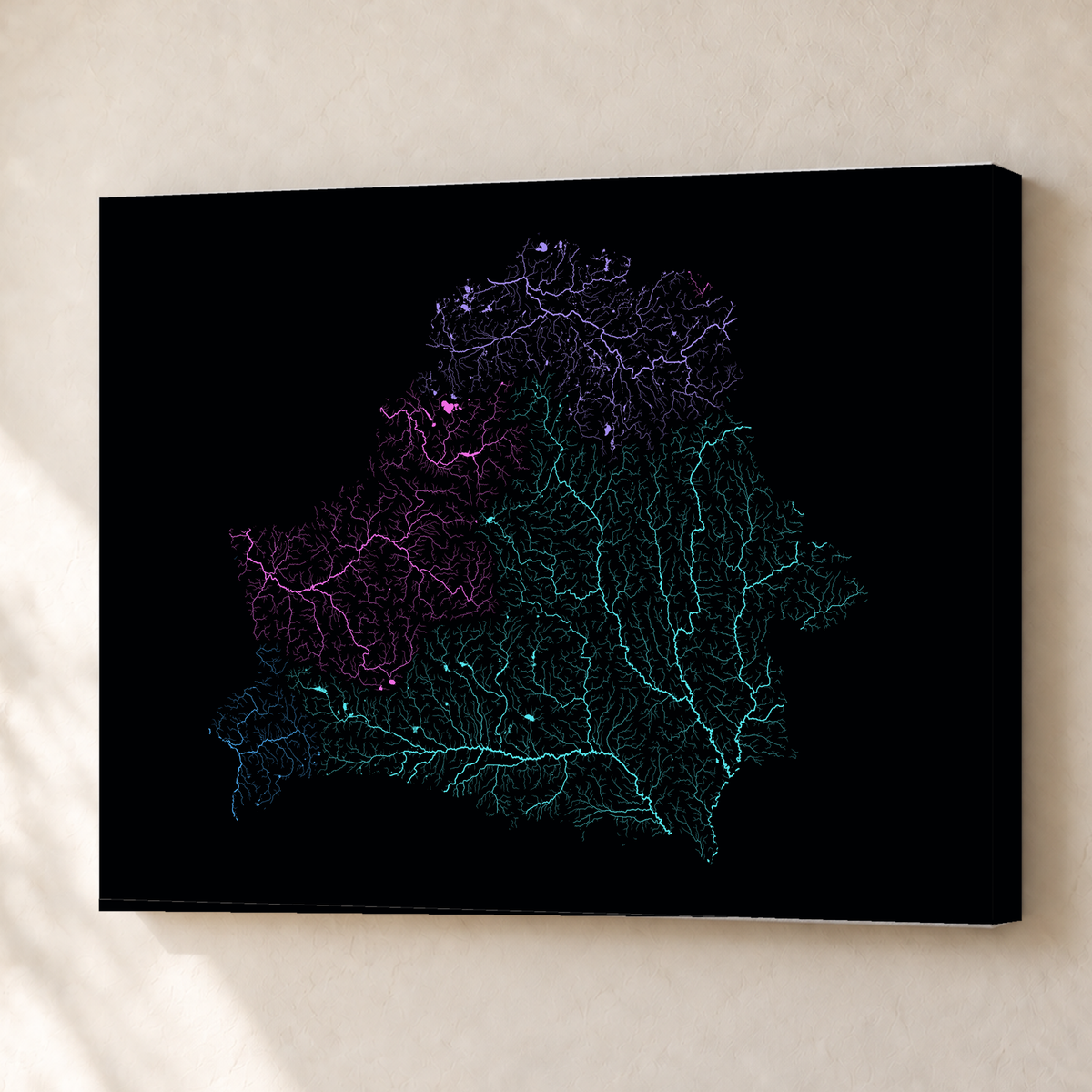 Beautiful Rivers — Bielorrússia — Neon hidrográfico, Canvas · 45 × 60 cm, Sem margem