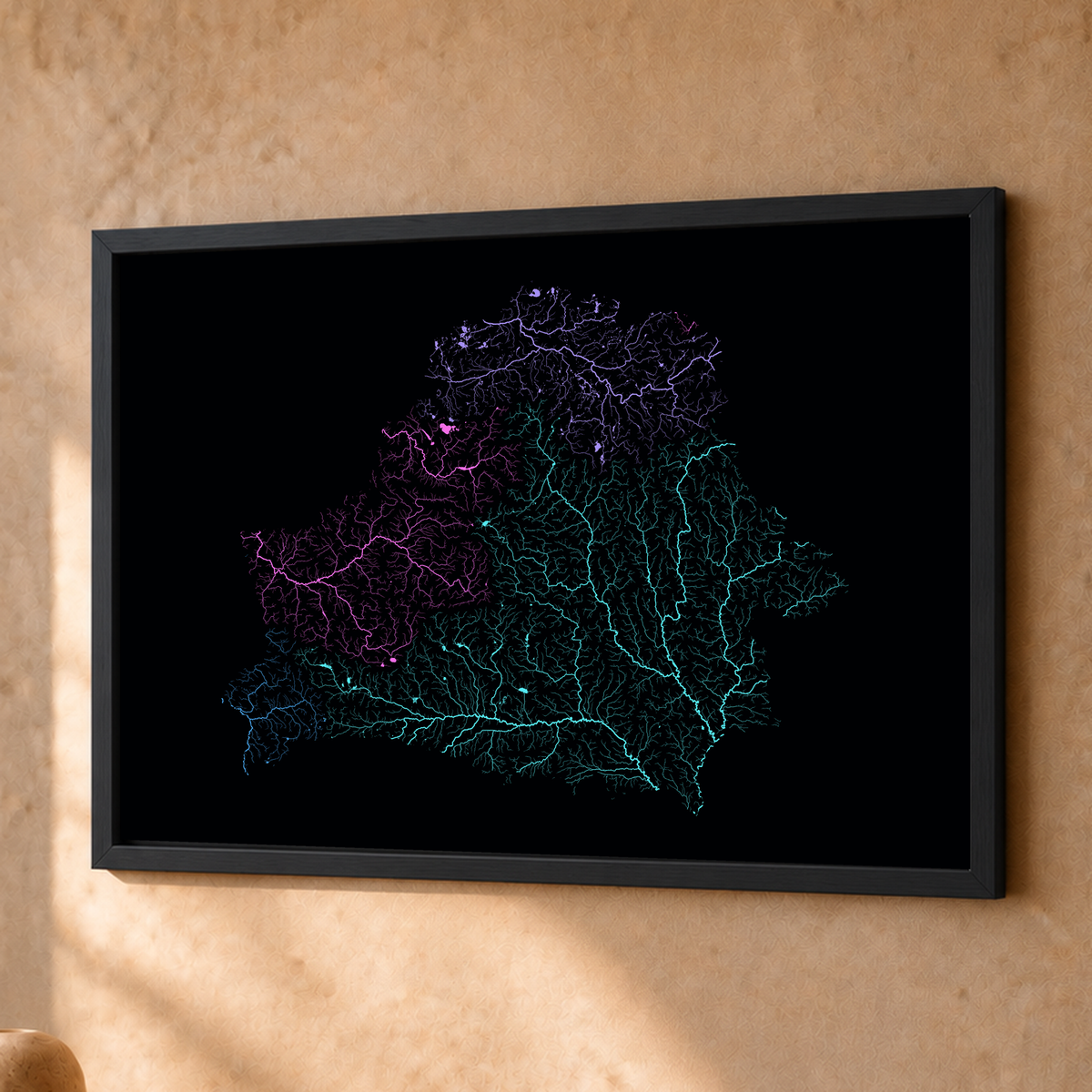 Beautiful Rivers — Bielorrússia — Neon hidrográfico, Fine art emoldurado · 30 × 40 cm, Preto · Sem margem