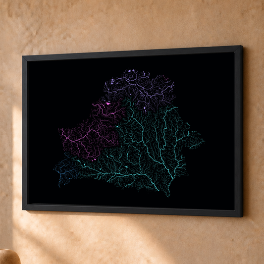 Beautiful Rivers — Bielorrússia — Neon hidrográfico, Fine art emoldurado · 30 × 40 cm, Preto · Sem margem
