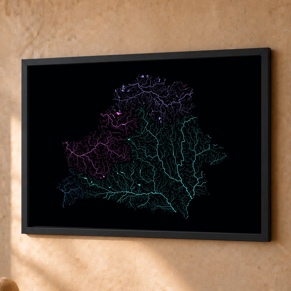 Beautiful Rivers — Bielorrússia — Neon hidrográfico, Fine art emoldurado · 45 × 60 cm, Preto · Sem margem