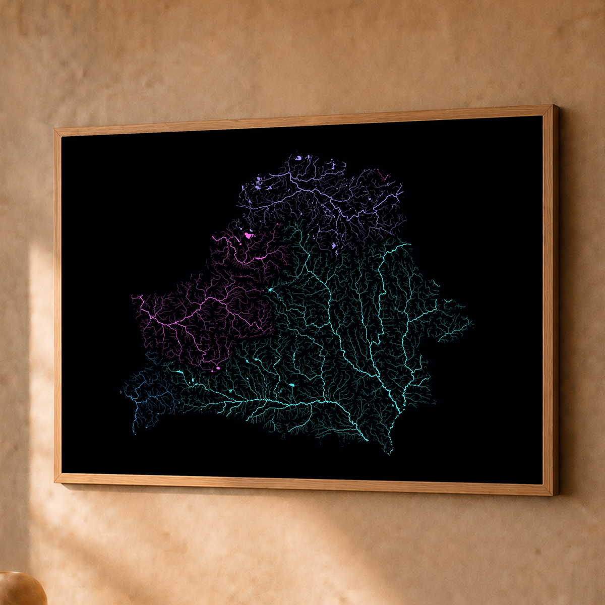 Beautiful Rivers — Bielorrússia — Neon hidrográfico, Fine art emoldurado · 45 × 60 cm, Natural · Sem margem