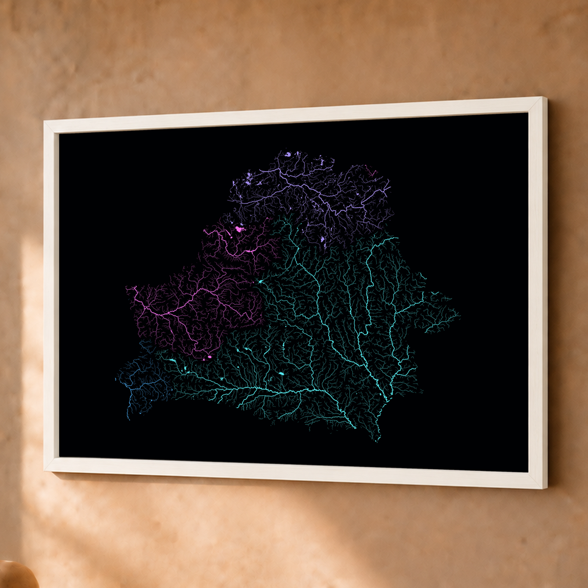 Beautiful Rivers — Bielorrússia — Neon hidrográfico, Fine art emoldurado · 45 × 60 cm, Branco · Sem margem