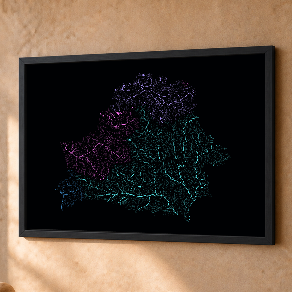 Beautiful Rivers — Bielorrússia — Neon hidrográfico, Fine art emoldurado · 60 × 80 cm, Preto · Sem margem