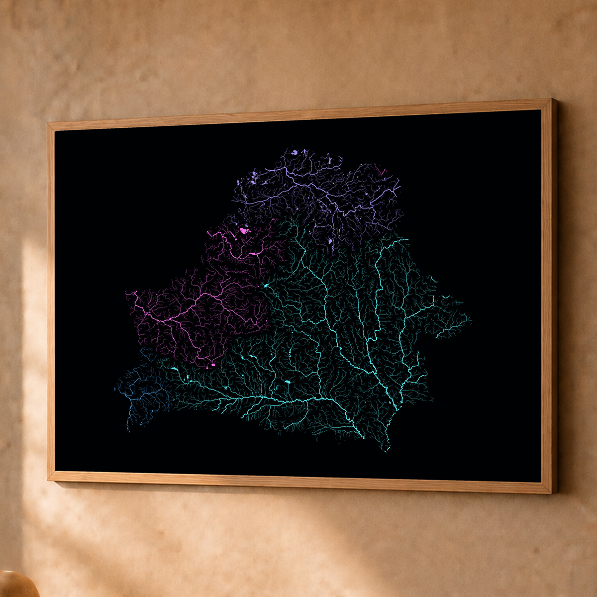 Beautiful Rivers — Bielorrússia — Neon hidrográfico, Fine art emoldurado · 60 × 80 cm, Natural · Sem margem