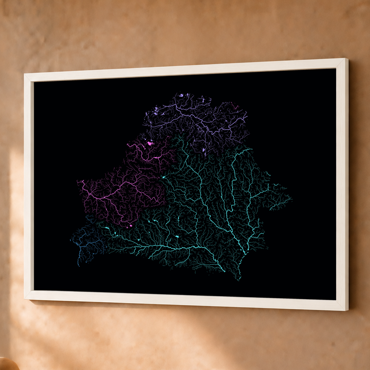 Beautiful Rivers — Bielorrússia — Neon hidrográfico, Fine art emoldurado · 60 × 80 cm, Branco · Sem margem