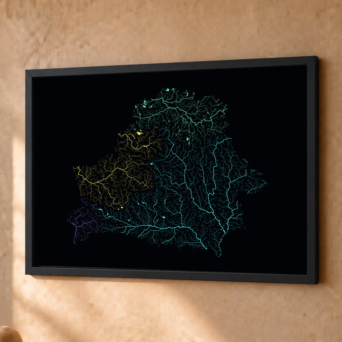 Beautiful Rivers — Bielorrússia — Neon por território, Fine art emoldurado · 45 × 60 cm, Preto · Sem margem