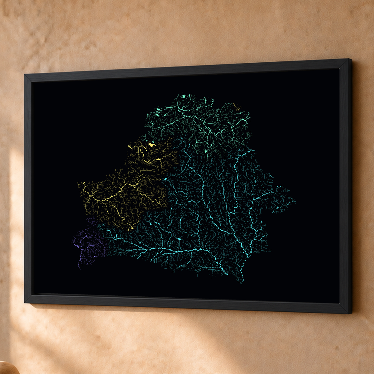 Beautiful Rivers — Bielorrússia — Neon por território, Fine art emoldurado · 60 × 80 cm, Preto · Sem margem