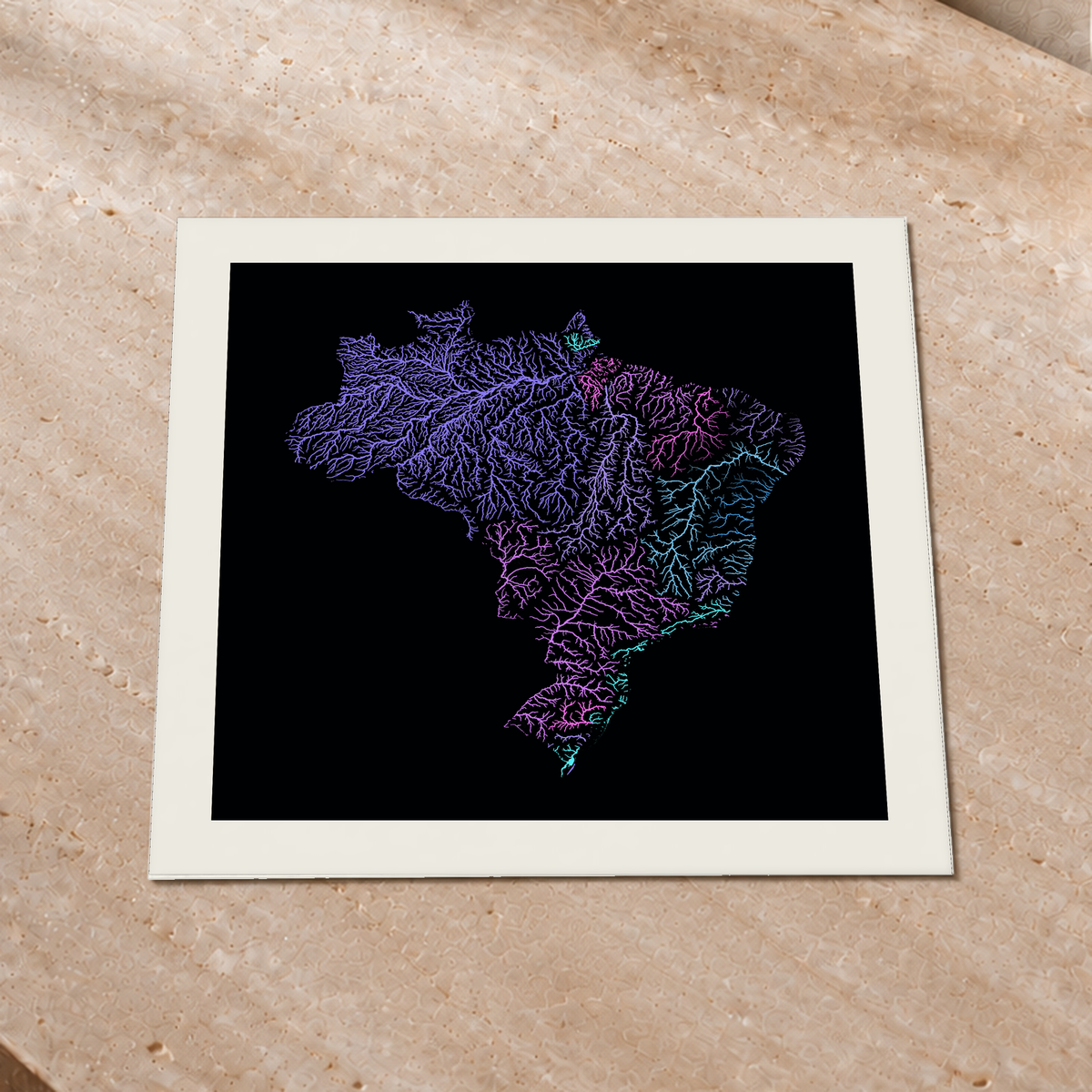 Beautiful Rivers — Brasil — Neon hidrográfico, Impressão fine art · 50 × 50 cm, Margem branca
